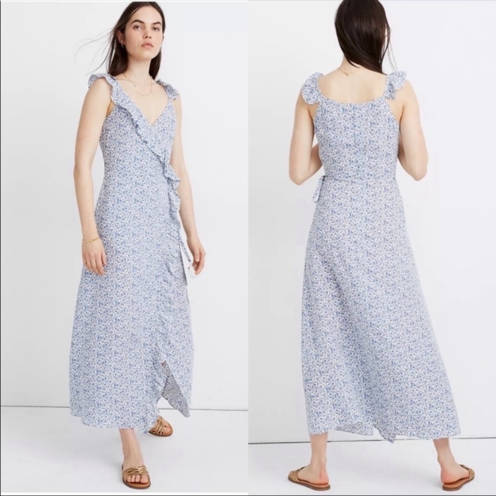 Madewell Blue Ruffle Strap Wrap Maxi Sundress